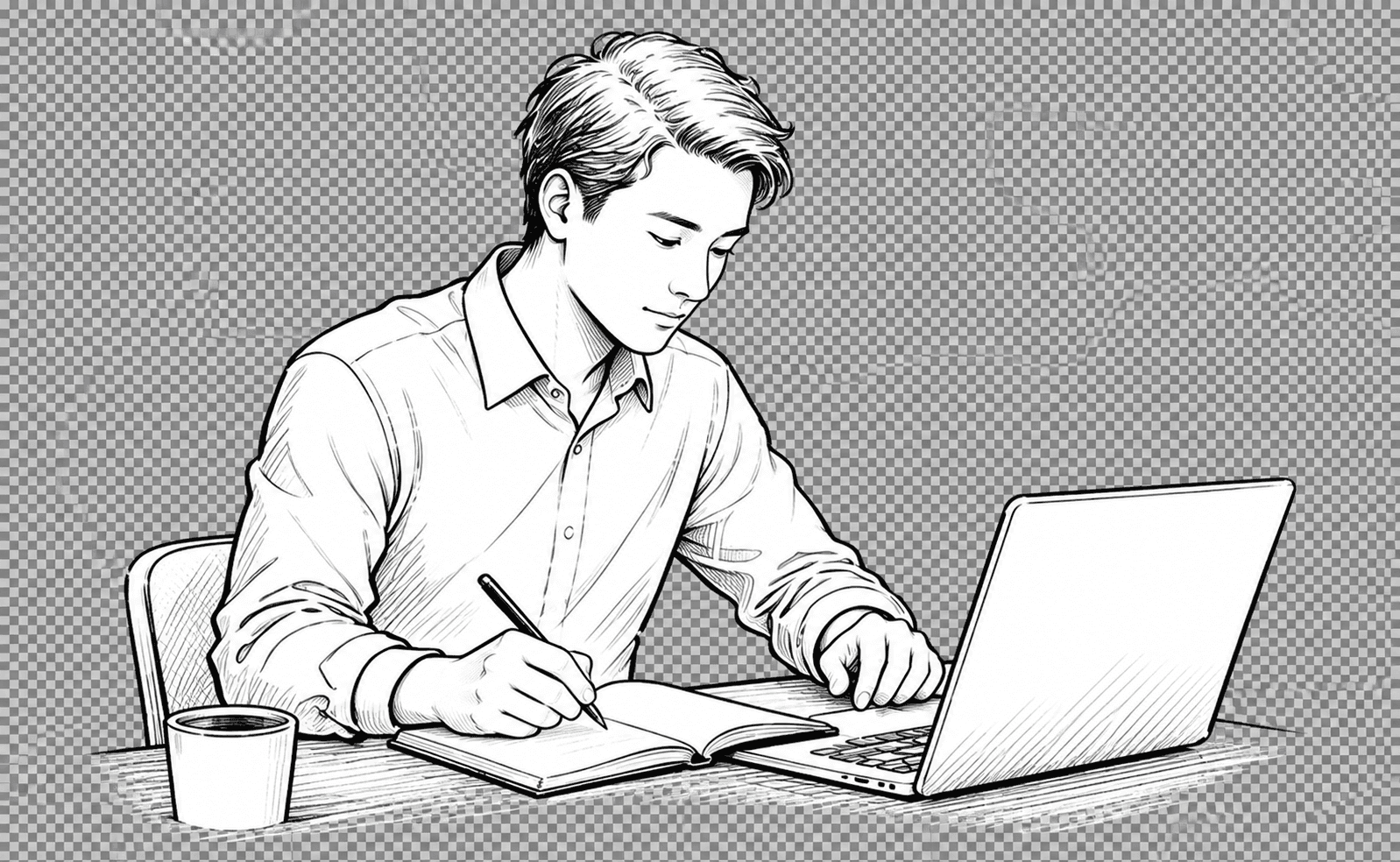 财务小帅伏案书写的素描插画
